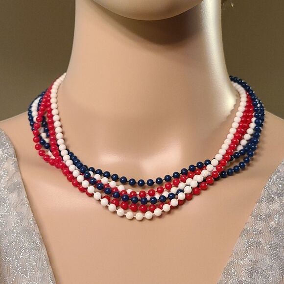 Vintage Multi Strand Red, White and Blue Necklace - Picture 1 of 13